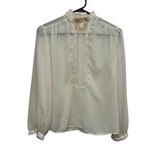 Vintage Lace High Neck Sheer Blouse‎ XS S Beige Romantic Cottagecore Regency